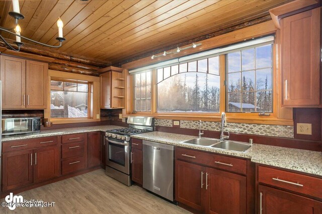40327 S Malaspina Loop, Talkeetna, AK 99676 - kitchen featuring appliances with stainless steel finishes, a sink, wood ceiling, light wood-style floors, and tasteful backsplash