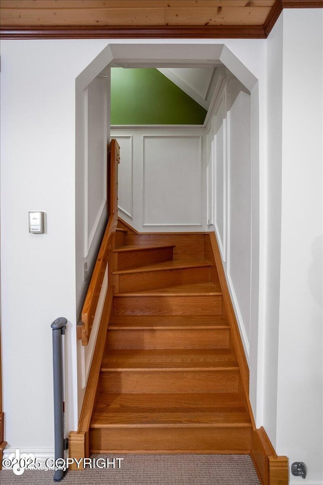 40327 S Malaspina Loop, Talkeetna, AK 99676 - stairs featuring a decorative wall, ornamental molding, and vaulted ceiling