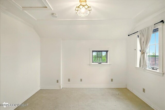 40327 S Malaspina Loop, Talkeetna, AK 99676 - spare room featuring a smoke detector, lofted ceiling, baseboards, attic access, and light colored carpet
