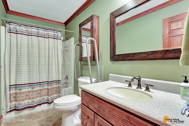 7408 N Grouse Loop, Wasilla, AK 99654 - full bathroom featuring vanity, crown molding, and shower / bathtub combination with curtain