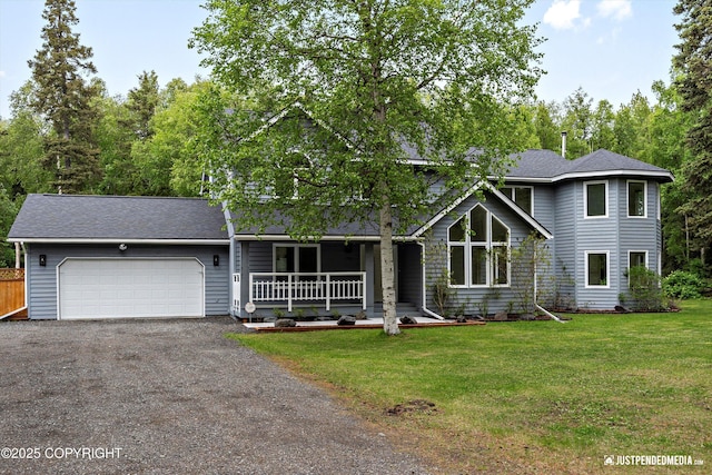 1701 Woo Blvd, Anchorage, AK 99515 - view of front of home featuring a garage, a porch, a front yard, driveway, and roof with shingles