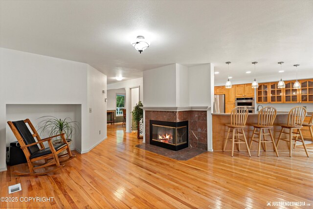 1701 Woo Blvd, Anchorage, AK 99515 - living room with light wood finished floors, a tile fireplace, and baseboards