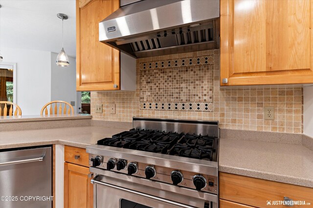1701 Woo Blvd, Anchorage, AK 99515 - kitchen featuring stainless steel appliances, ventilation hood, light countertops, decorative backsplash, and healthy amount of natural light
