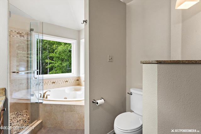 1701 Woo Blvd, Anchorage, AK 99515 - bathroom with a jetted tub, toilet, a stall shower, vanity, and a textured wall