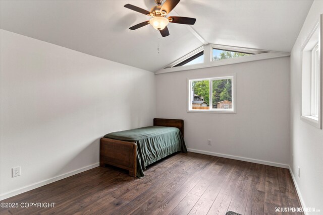 1701 Woo Blvd, Anchorage, AK 99515 - bedroom with lofted ceiling, hardwood / wood-style flooring, baseboards, and a ceiling fan