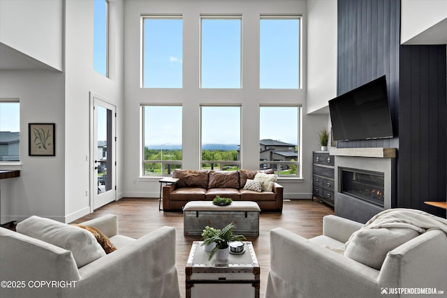 7864 Crane Cir, Anchorage, AK 99502 - living area with a glass covered fireplace, wood finished floors, and a high ceiling