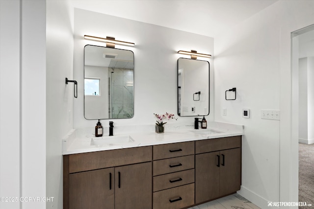 7864 Crane Cir, Anchorage, AK 99502 - full bath with double vanity, a shower, and marble finish floors