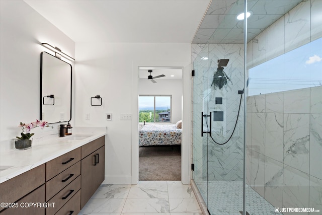 7864 Crane Cir, Anchorage, AK 99502 - ensuite bathroom with double vanity, marble finish floors, ceiling fan, and a stall shower