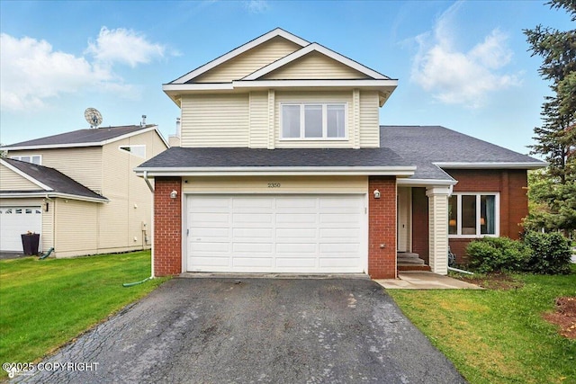 2350 Ariel Cir, Anchorage, AK 99515 - traditional-style home featuring brick siding, driveway, a front yard, a garage, and a shingled roof