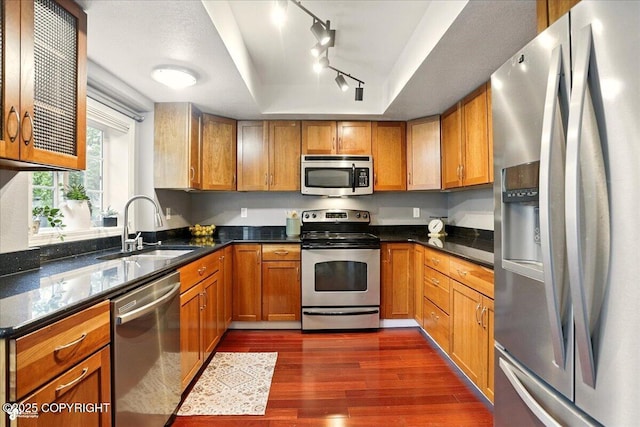 2350 Ariel Cir, Anchorage, AK 99515 - kitchen featuring appliances with stainless steel finishes, a sink, a tray ceiling, dark wood-style flooring, and brown cabinets