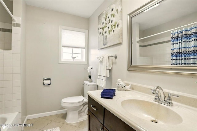 2350 Ariel Cir, Anchorage, AK 99515 - full bath with vanity, toilet, tile patterned flooring, baseboards, and shower / bathtub combination with curtain