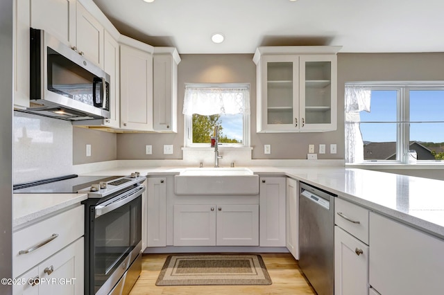 5893 Kenai Fjords Loop, Anchorage, AK 99502 - kitchen featuring stainless steel appliances, a sink, white cabinets, glass insert cabinets, and light wood finished floors