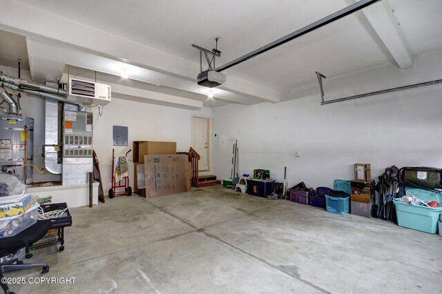 5893 Kenai Fjords Loop, Anchorage, AK 99502 - garage featuring water heater, electric panel, a garage door opener, and a heating unit