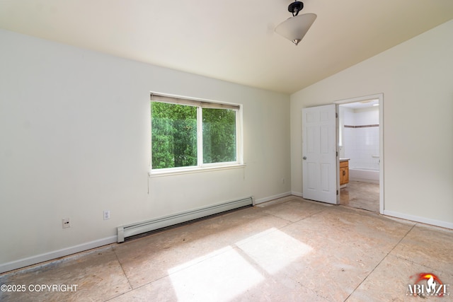 4106 E Country Fair Dr # A, Wasilla, AK 99654 - unfurnished bedroom with baseboard heating, vaulted ceiling, baseboards, and ensuite bath