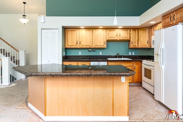 4106 E Country Fair Dr # A, Wasilla, AK 99654 - kitchen with white appliances, a sink, tile countertops, a kitchen island, and recessed lighting