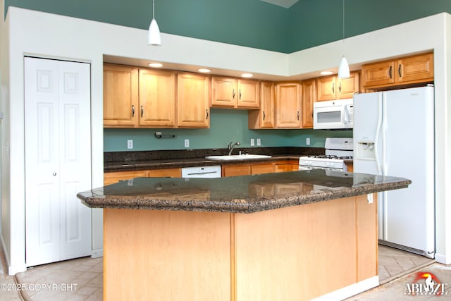 4106 E Country Fair Dr # A, Wasilla, AK 99654 - kitchen with white appliances, a sink, light brown cabinetry, decorative light fixtures, and recessed lighting