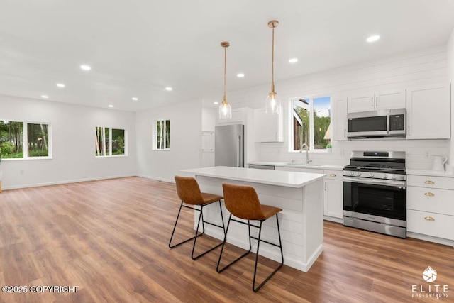1338 N Unicorn Cir, Palmer, AK 99645 - kitchen featuring appliances with stainless steel finishes, a sink, a kitchen bar, a center island, and light countertops