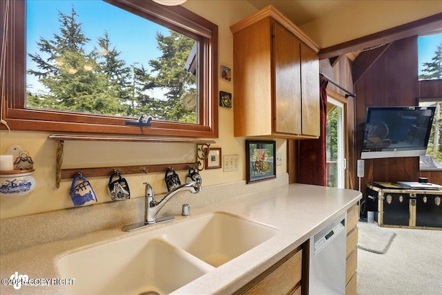 142 Vail Cir, Girdwood, AK 99587 - kitchen with a sink, dishwasher, light countertops, and carpet floors