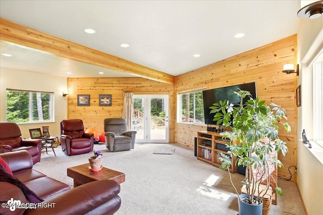 142 Vail Cir, Girdwood, AK 99587 - living room featuring carpet floors, recessed lighting, wood walls, healthy amount of natural light, and beamed ceiling