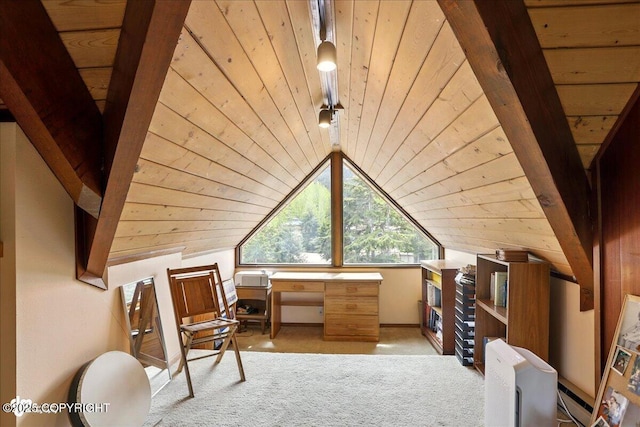 142 Vail Cir, Girdwood, AK 99587 - office space with wood ceiling, light carpet, and lofted ceiling