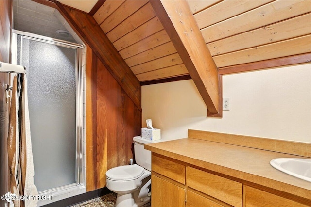 142 Vail Cir, Girdwood, AK 99587 - full bathroom with toilet, a shower stall, vanity, and wood ceiling with exposed beams