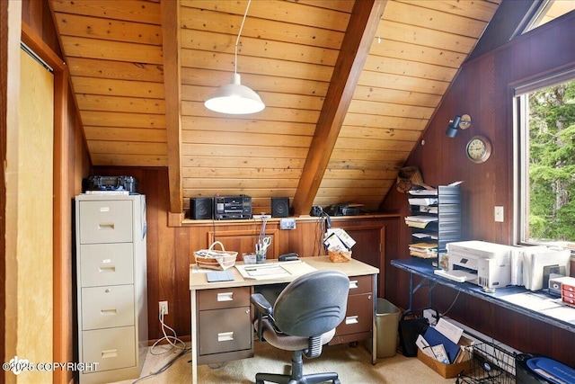 142 Vail Cir, Girdwood, AK 99587 - office area featuring wooden ceiling, wooden walls, and light carpet