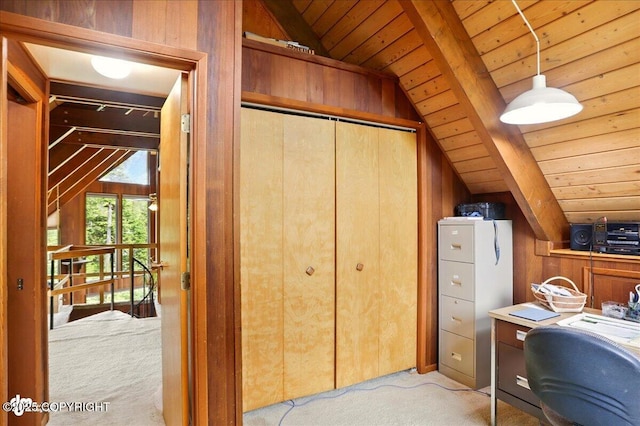 142 Vail Cir, Girdwood, AK 99587 - carpeted office space featuring vaulted ceiling, wood ceiling, and wood walls