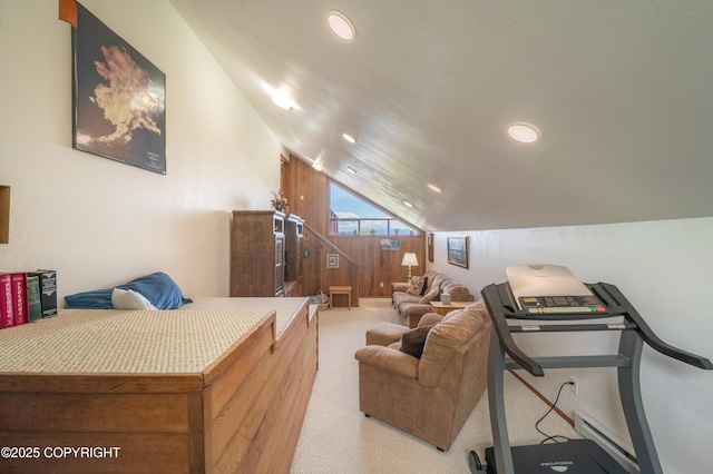292 Mountain View Dr, Homer, AK 99603 - bedroom with vaulted ceiling, carpet, and recessed lighting