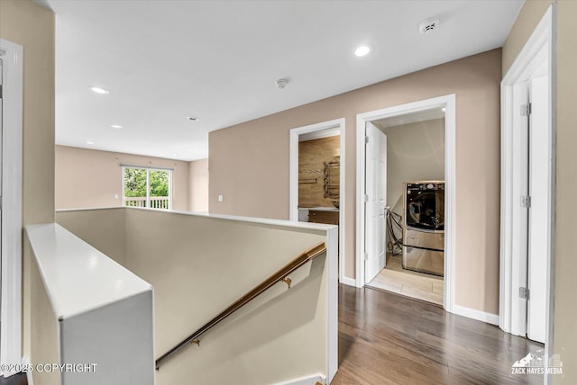 268 Dailey Ave, Anchorage, AK 99515 - hallway with an upstairs landing, wood finished floors, recessed lighting, and baseboards