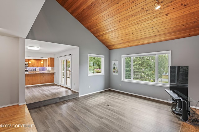 11751 Mary Ave, Anchorage, AK 99515 - unfurnished living room with wood finished floors, high vaulted ceiling, and wooden ceiling