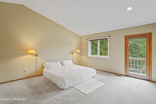 11751 Mary Ave, Anchorage, AK 99515 - carpeted bedroom featuring lofted ceiling, access to outside, and recessed lighting