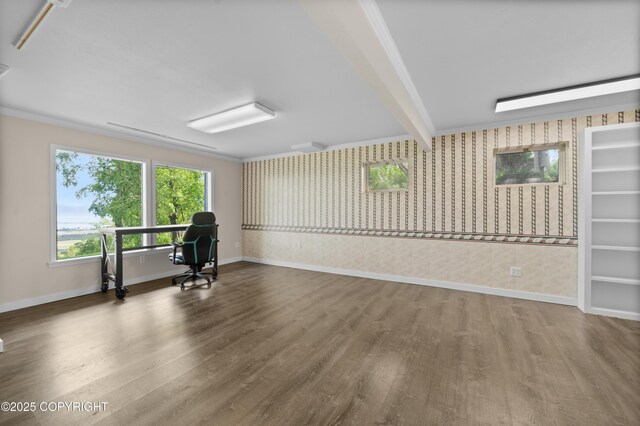 1855 Mission Rd, Homer, AK 99603 - workout room with wood finished floors, wallpapered walls, and crown molding