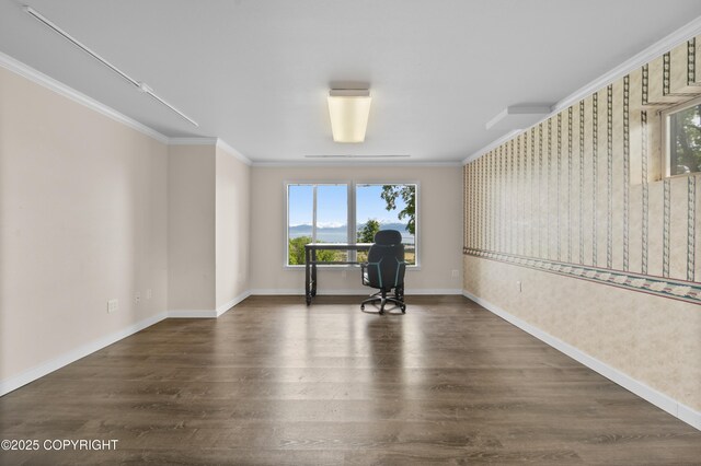 1855 Mission Rd, Homer, AK 99603 - unfurnished office featuring crown molding, wood finished floors, and wallpapered walls