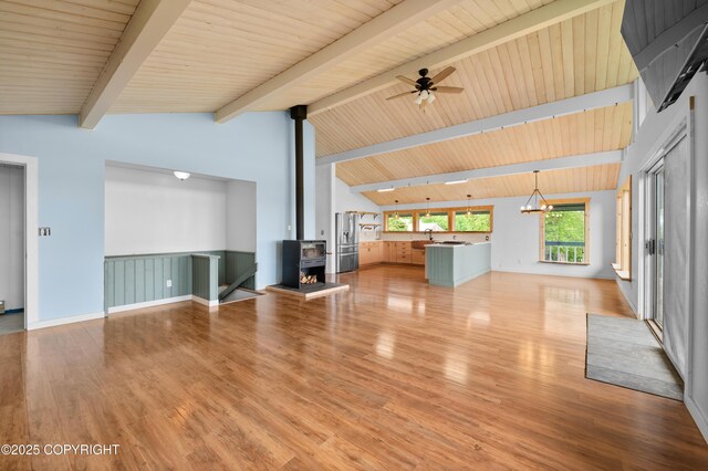 1855 Mission Rd, Homer, AK 99603 - unfurnished living room featuring a wood stove, ceiling fan, light wood finished floors, and wooden ceiling