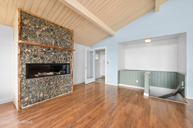 1855 Mission Rd, Homer, AK 99603 - unfurnished living room with a glass covered fireplace, wood finished floors, wood ceiling, and a baseboard radiator
