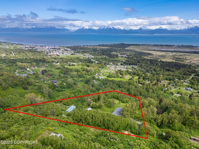 1855 Mission Rd, Homer, AK 99603 - aerial view of property and surrounding area with a water and mountain view and property parcel outlined