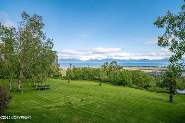 1855 Mission Rd, Homer, AK 99603 - view of grassy yard with a trampoline, a water view, and golf course view