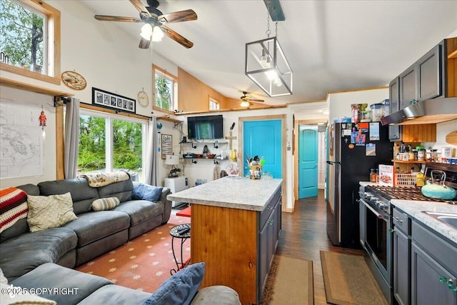 9637 N Buckingham Palace Rd, Willow, AK 99688 - kitchen with a ceiling fan, stainless steel appliances, open floor plan, light countertops, and range hood