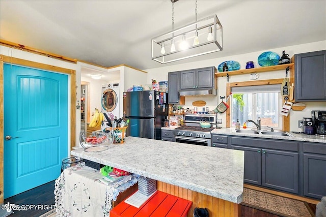 9637 N Buckingham Palace Rd, Willow, AK 99688 - kitchen featuring appliances with stainless steel finishes, a sink, dark wood-type flooring, gray cabinetry, and under cabinet range hood