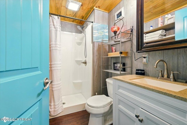 9637 N Buckingham Palace Rd, Willow, AK 99688 - bathroom with toilet, vanity, a shower with curtain, wood ceiling, and wood walls