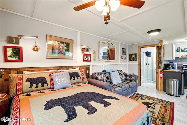 9637 N Buckingham Palace Rd, Willow, AK 99688 - living area featuring ceiling fan and a wainscoted wall
