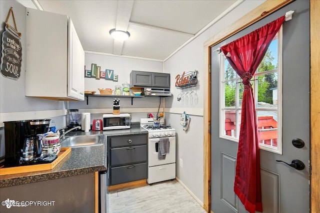 9637 N Buckingham Palace Rd, Willow, AK 99688 - kitchen with gas range gas stove, stainless steel microwave, a sink, dark countertops, and light wood finished floors