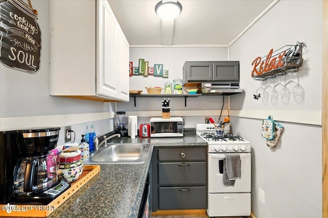 9637 N Buckingham Palace Rd, Willow, AK 99688 - kitchen with gas range gas stove, a sink, dark countertops, gray cabinets, and exhaust hood