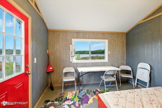 9637 N Buckingham Palace Rd, Willow, AK 99688 - dining space featuring a water view, baseboards, and concrete flooring