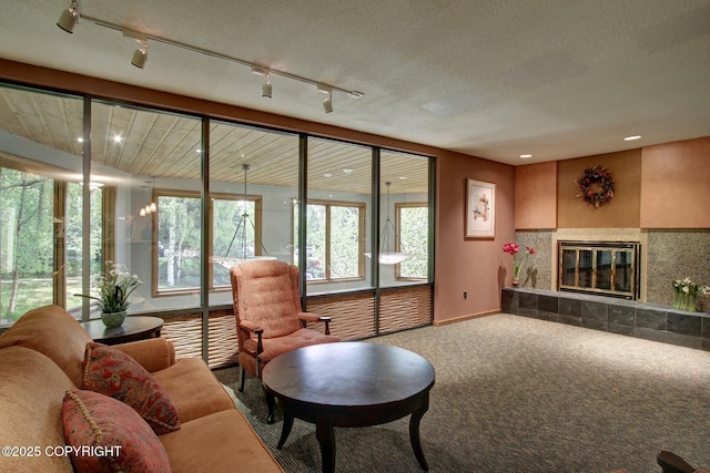 333 M St # 402, Anchorage, AK 99501 - carpeted living area featuring rail lighting, a tile fireplace, plenty of natural light, and recessed lighting