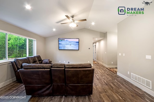 4124 N Coronado St, Wasilla, AK 99623 - living room featuring ceiling fan, lofted ceiling, and dark wood finished floors