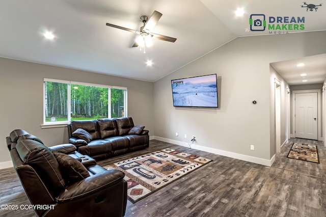 4124 N Coronado St, Wasilla, AK 99623 - living area featuring lofted ceiling, a ceiling fan, dark wood-style floors, and recessed lighting