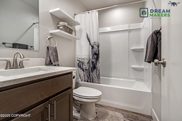 4124 N Coronado St, Wasilla, AK 99623 - bathroom featuring vanity, wood finished floors, and shower / bath combo with shower curtain