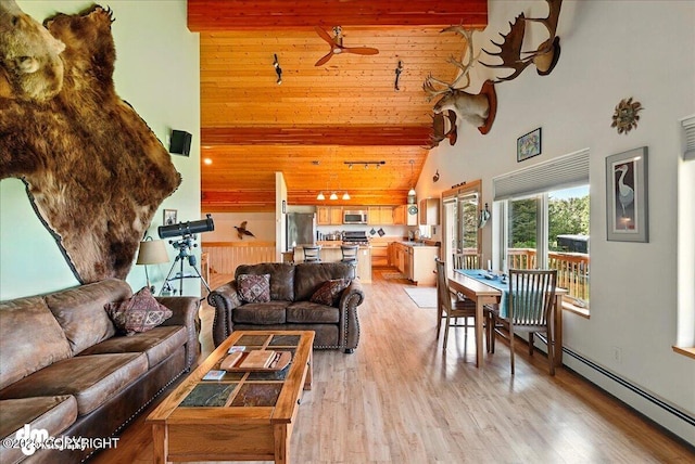 32879 Shorebird Ln, Anchor Point, AK 99556 - living room with high vaulted ceiling, light wood-type flooring, wood ceiling, and baseboard heating