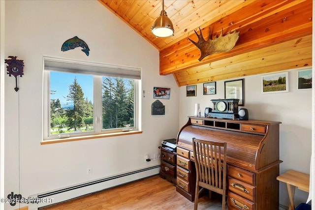 32879 Shorebird Ln, Anchor Point, AK 99556 - office area featuring baseboard heating, lofted ceiling, wooden ceiling, and light wood-type flooring